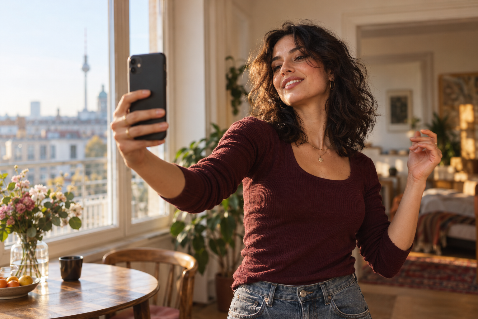 Eine Creatorin lächelt, während sie ihr nächstes Video mit dem Smartphone filmt